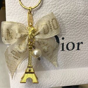 Handmade Gold Eiffel Tower Bow Keychain with Pearl Accent